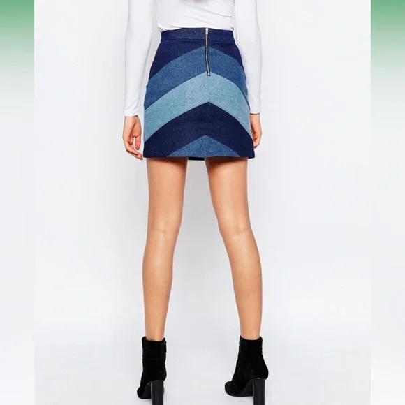 ASOS 100% Cotton Denim Blue Chevron Patchwork Mini Skirt - Picture 3 of 9